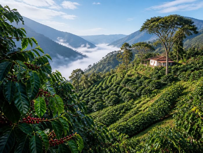 Coffee terraces on an Andean mountainside in Huila