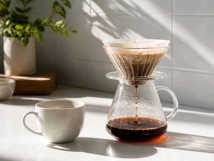 A pour-over brewing into a glass carafe on a sunlit white counter